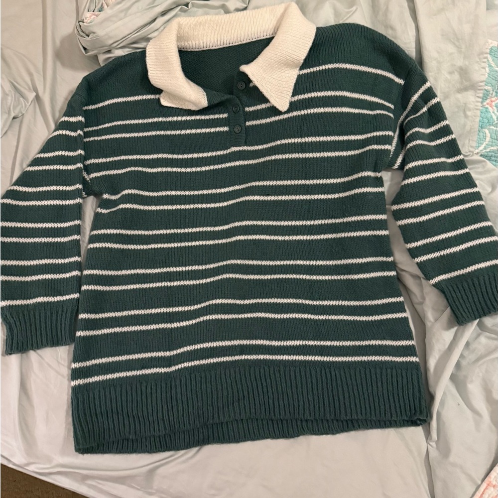 Striped Green and White Women's Sweater